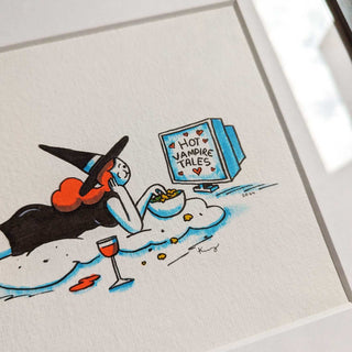 Original art drawing of a witch watching TV