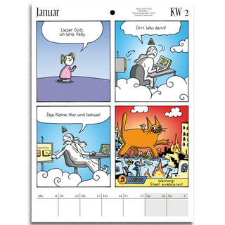 A German weekly calendar page for January, featuring four humorous cartoon comic panels with German text and a white grid for days of the week at the bottom.