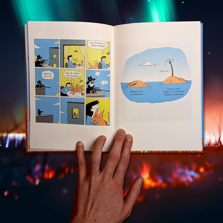 A person holding open a comic book titled 'Hi, Earth' by War and Peas. The left page features a comic strip with a character named Mr. Sniffles, who is a cat. The comic shows Mr. Sniffles being playful and causing mischief, with dialogue bubbles saying, 'Hey, Mr. Sniffles! Is it playtime already?!', 'Dammit, he has a cat.', 'Haha, Mr. Sniffles! You silly goose!', and 'I...'. The right page shows a small island with a palm tree and a character saying, 'Humans are so dramatic!', followed by another character 