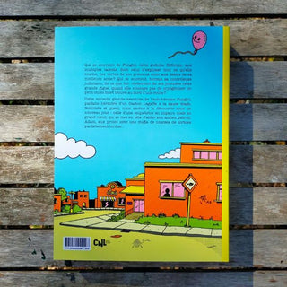 Back cover with colorful illustration of a house and sky on a wooden surface