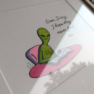 Cartoon alien reading a book on a pink cloud with text 'Dear Diary, I hope they never find us' on a textured white background.