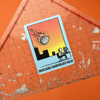A humorous sticker depicting a person at a computer with an asteroid approaching, labeled 'Increasing Shareholder Value,' ideal for fans of ironic and humorous stickers.