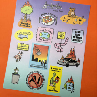 A vibrant collection of various humorous and satirical stickers from the Apocalypse Now XL Sticker Sheet, including themes like AI, environmental messages, and pop culture references.