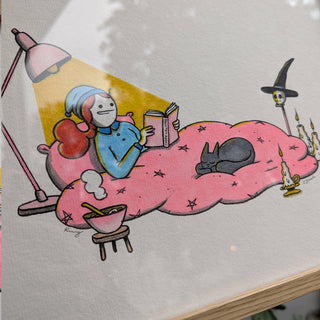 Cartoon illustration of a character reading a book on a pink cloud with a lamp and skeleton nearby.