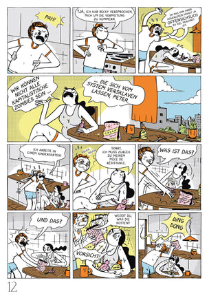 Comic page with various panels showing a woman and a man in different settings with text bubbles.