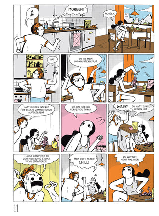 Comic strip with multiple panels showing a woman's daily routine and interactions.