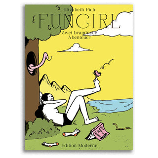 Book cover of 'Fungirl' by Elizabeth Pich with a person lounging under a tree by a lake.