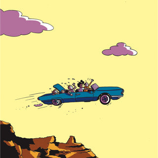 Seite aus "Fungirl Forever": Fungirl fährt mit ihren Freunden über eine Klippe.