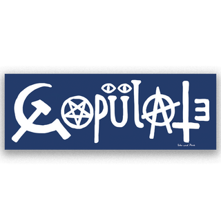 Sticker with white text and symbols on a blue background
