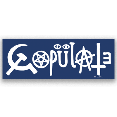 Sticker with white text and symbols on a blue background