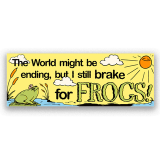 Cartoon-style sign with a frog and text about braking for frogs on a yellow background