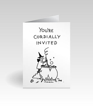 A white greeting card with a black hand-drawn illustration of a witch stirring a cauldron and the text 'YOU'RE CORDIALLY INVITED', shown on a light gray background.