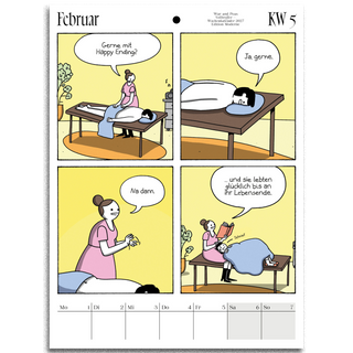 A single-page German weekly calendar comic from Februar, showing four-panel cartoon panels with a hospital room scene and patient-care dialogue, plus a blank days grid at the bottom.