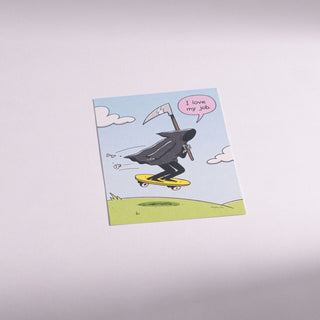 Cartoon of the Grim Reaper on a skateboard with 'I love my job' speech bubble on a light gray background