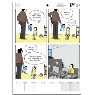 A printed weekly comic page from a German calendar, showing four illustrated panels with a parent and child in different scenes, including one panel of the child sitting at a computer. The page includes the week labels 'Juli' and 'KW 29' and a grid at the bottom for dates.