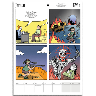 A German school calendar page for January, Week 1, featuring a four-panel comic strip with satirical illustrations and text.