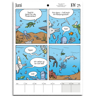 A printed weekly comic page from Juni with four underwater cartoon panels, speech bubbles, and a calendar grid at the bottom. No person, animal, or real environment is present; this is a clean product-style shot of the printed item itself, so subject_type is Product/Packaging rather than Lifestyle or Scenery.