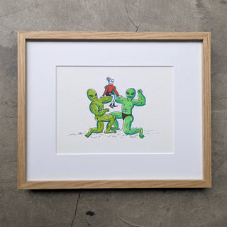 Framed artwork of two green aliens and a red figure on a gray background
