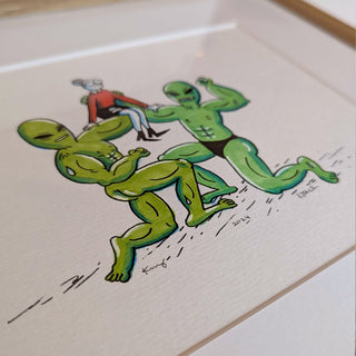 Cartoon-style drawing of two green aliens on a white background