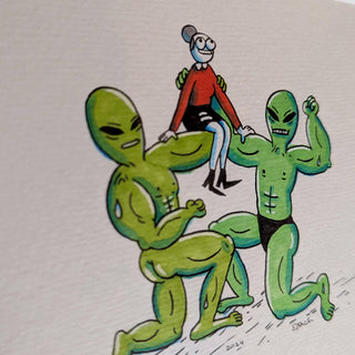 Cartoon-style illustration of a human sitting on two green aliens on a light gray background.