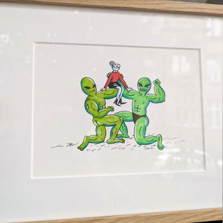 Framed artwork of two green aliens and a person on a white background
