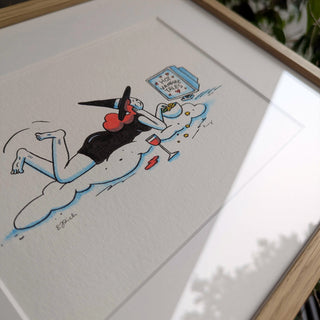 Cartoon illustration of a witch watching a TV show "Hot Vampire Tales" in a frame.