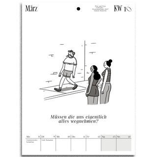 A white weekly planner page or calendar insert with black text and a grayscale line drawing of three people walking on a street. The page shows the month March ('März'), the week label 'KW 10', and a weekday table at the bottom.