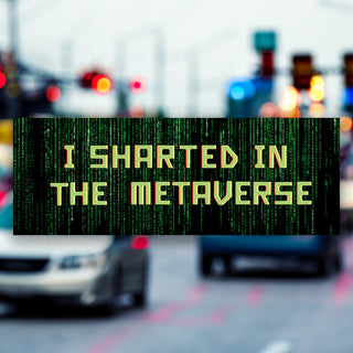 Blurred street scene with text 'I Started in the Metaverse' on a digital overlay.