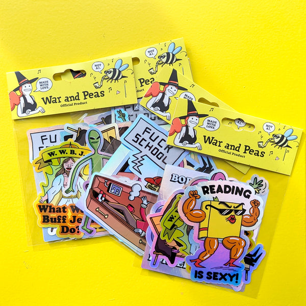 Multiple War and Peas Surprise Sticker Packs spread out, each containing six random holographic stickers with dark humor and surreal twists. Designs include aliens, witches, flaming tech, and funny slogans. All hand-drawn and printed on durable vinyl. The vibrant, eye-catching stickers are ideal for decorating laptops, skateboards, or notebooks, offering a playful, artistic touch to any surface.