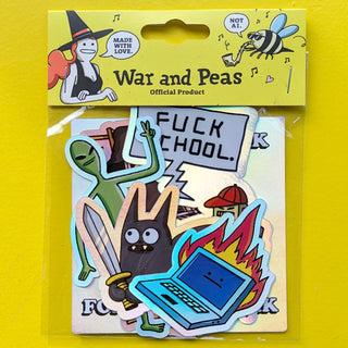 A War and Peas sticker pack, revealing holographic stickers with darkly humorous motifs: a ‘READING IS SEXY’ book, a ‘What Would Buff Jesus Do?’ Jesus, and a ‘FUCK SCHOOL’ robot. The glittery, waterproof stickers shine against a yellow background, making them perfect for fans of meme culture, absurdist art, and unique gifts that spark joy (and confusion).