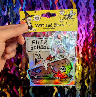 A War and Peas holographic sticker pack showcasing six darkly humorous, hand-drawn designs. Highlighted stickers include a ‘FUCK SCHOOL’ sign held by a robot, and a cartoon coffin with a vampire waving from inside. The iridescent stickers are sealed in a reusable bag, making them perfect for collectors of surreal, satirical art and bold, artistic decor. Each design blends absurdity with sharp wit, ideal for laptops, skateboards, or notebooks.