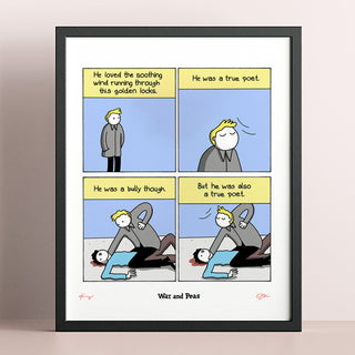 A framed four-panel comic art print titled 'War and Poets' leaning against a light beige wall on a matching surface. The print has a white mat, yellow text boxes, a gray and blue cartoon figure, and a black frame.