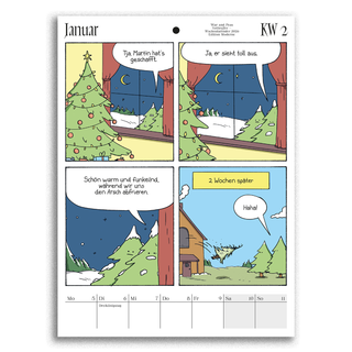 Wochenkalender Januar 2026 von War and Peas – der Kalender, der dich durch die Wintermonate bringt! Mit sarkastischen Sprüchen, überraschenden Pointen und charmantem Comic-Stil wird jeder Montag zum Highlight. Ein kreatives Geschenk für alle, die Humor und Organisation lieben – jetzt bestellen!